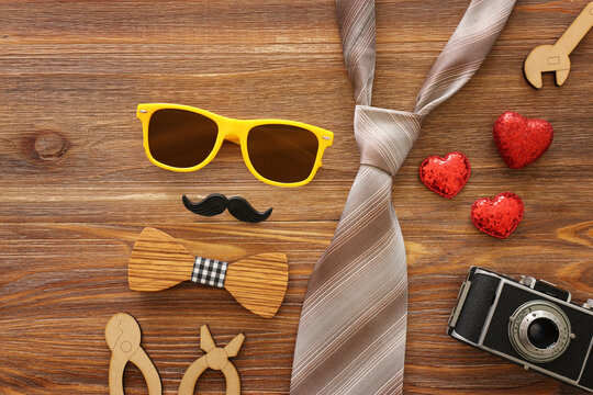 Father's day concept over wooden background. top view, flat lay
