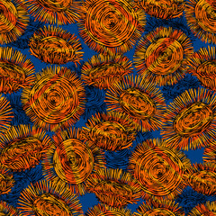 Abstract hand drawn vector seamless pattern. Stylized sunflowers wallpaper. Decorative floral background in vintage, boho style. Colorful outline design for wrapping paper, prints, fabric, textile.