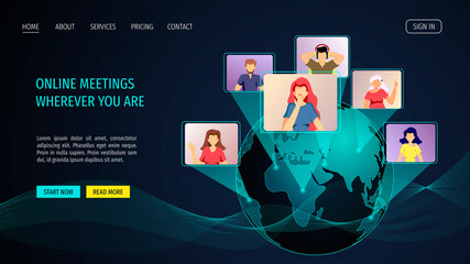 Web page for Video conferencing, Online meeting, Distance working and learning, communication. Planet and people talking by internet. Vector illustration for poster, banner, commercial, advertising.