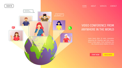 Web page for Video conferencing, Online meeting, Distance working and learning, communication. Planet and people talking by internet. Vector illustration for poster, banner, commercial, advertising.