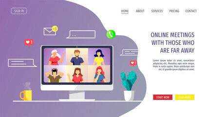 Website design template for Video conferencing, Online meeting, Work at home, Distance learning. Laptop screen with chatting people. Vector illustration for poster, banner, website, advertising.