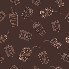 Beige hand drawn cups of different coffee on brown background. Seamless doodle food pattern.