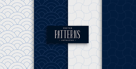 japanese sashiko pattern set in gray and indigo colors - obrazy, fototapety, plakaty