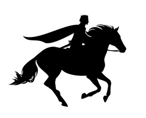 fairy tale prince riding horse galloping forward - medieval fantasy hero black and white vector silhouette