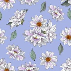 Seamless Light Blue Floral Pattern with White Flowers Dahlias and Leaves. Monochrome Background For Textile, Wallpapers, Print, Greeting. Vector Illustration.