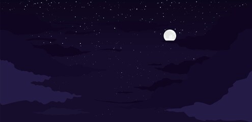 Moon night background. Luminous moon on starry sky with clouds bright fantasy shine against background full starry sky pensive vector beautiful night with light cloudy haze clipart.