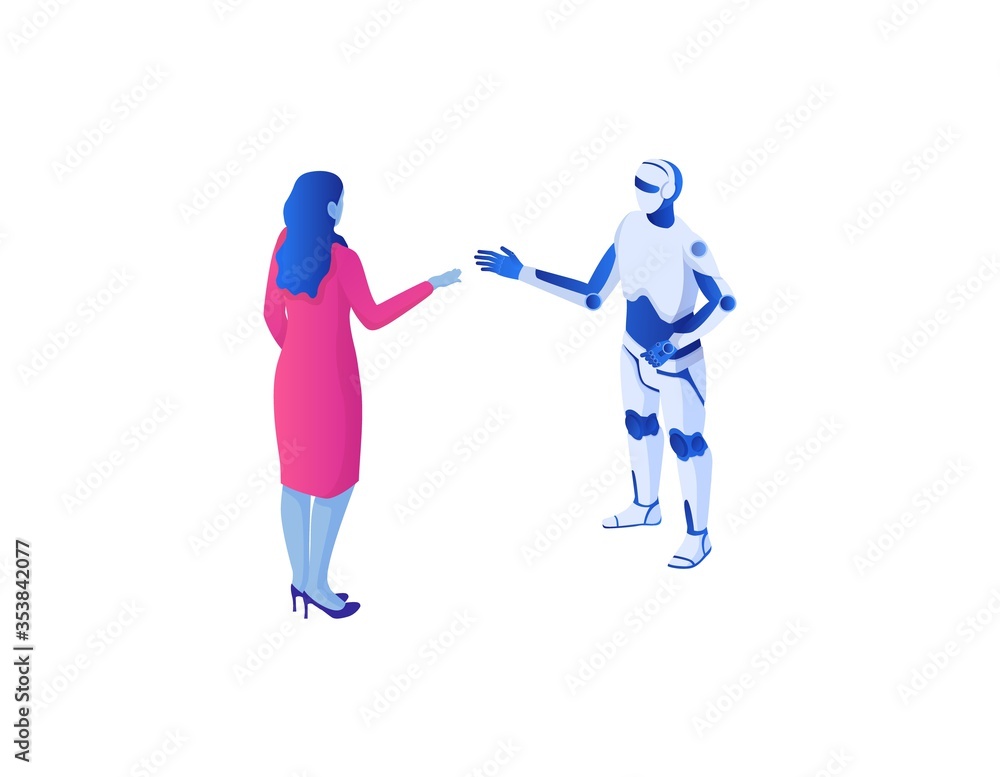 Poster communication web with chat bot isometric concept. dialogue online women with artificial intelligenc