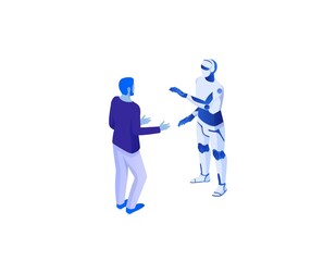 Web communication with chat bot isometric concept. Online dialogue men with artificial intelligence help in selecting right information collecting statistics game rest with virtual vector adversary.