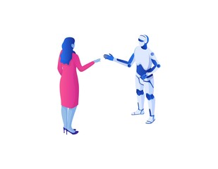 Obraz premium Communication web with chat bot isometric concept. Dialogue online women with artificial intelligence help in selecting right information statistics collecting game rest with virtual vector adversary.