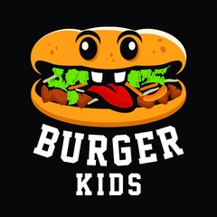 vector cartoon burger character with cheese, meat and salad icon, Design element for logo, poster, card, banner, emblem, t shirt. Vector illustration