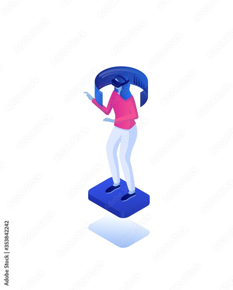 Poster web statistics using virtual reality isometric concept. technology online strategy analytical develo