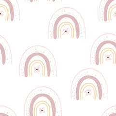 Poster Scandinavische stijl Schattige kinderen regenboog naadloze patroon. Kinderachtig patroon met hand getrokken regenbogen en wolken. Creatieve Scandinavische kinderen textuur voor stof, verpakking, textiel, behang. Vectorillustratie.