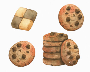 Hand drawn watercolor chocolate chip cookies and fancy cookies image. Isolated on white background. 
Pastry illustration.
