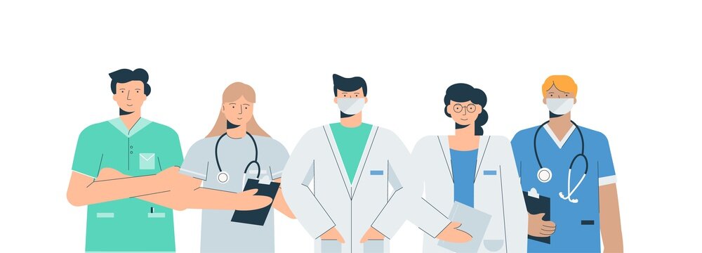 Doctors in medical uniforms set. Fearing doctors with coronovirus reception anesthesiologist therapist surgeon in mask nurse cardiologist stethoscope health care flat guarding vector human health.