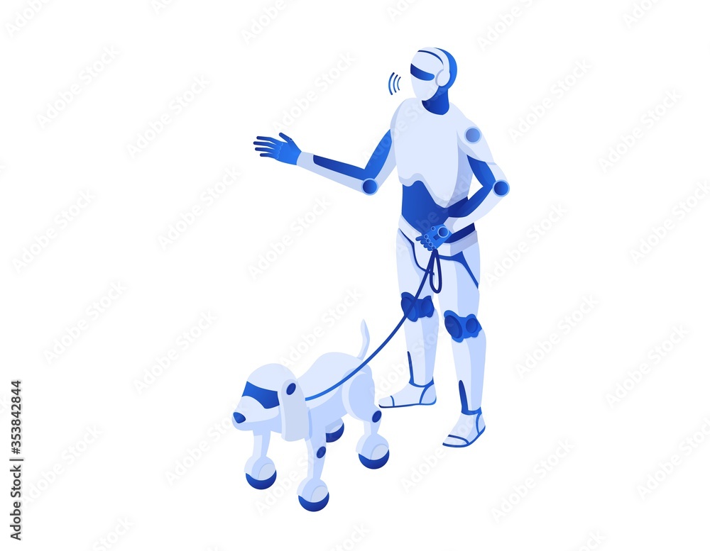 Aufkleber robot walks robops isometric.. robotic illustration humanoid white cyborg robopes help technologies 