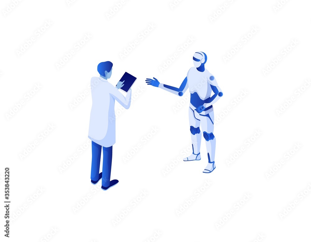 Poster web communication with scientific chat bot isometric concept. online dialogue scientist with artific