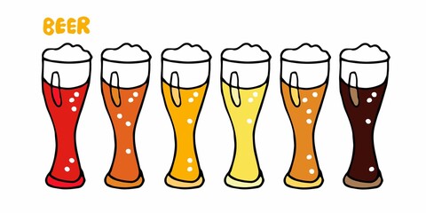 Beer glasses isolated. Craft beer glass in different versions. Vector doodle sketch. 6 glasses with beer of different varieties. Cartoon illustration. Handwritten lettering of Beer 