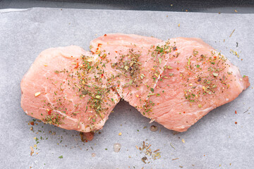 Juicy slices of meat. Raw pork or beef chops