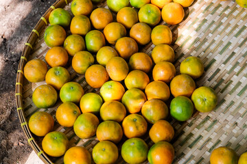 Tangerine orange in Thai hand-crafted tray. Top view