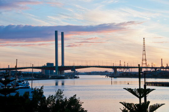 MELBOURNE, AUSTRALIA - JULY 26, 2018: Bolte Bridge from Docklands Melbourne Australia with Sunset