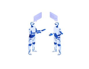 Web interaction artificial intelligence with self isometric concept. Dialogue online with artificial intelligence help in selecting right information statistics collecting data vector exchange.