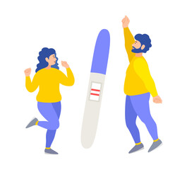 Fototapeta premium Young couple man and woman happy about a positive pregnancy test. Vector flat style illustration on fertility, parenthood. People jump and enjoy pregnancy news.