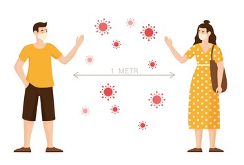 Social distance in coronavirus epidemic. Girl and guy mask maintain safe distance from vector coronovirus social distance guarantee success in fight against cartoon infection and prevention covid 19.