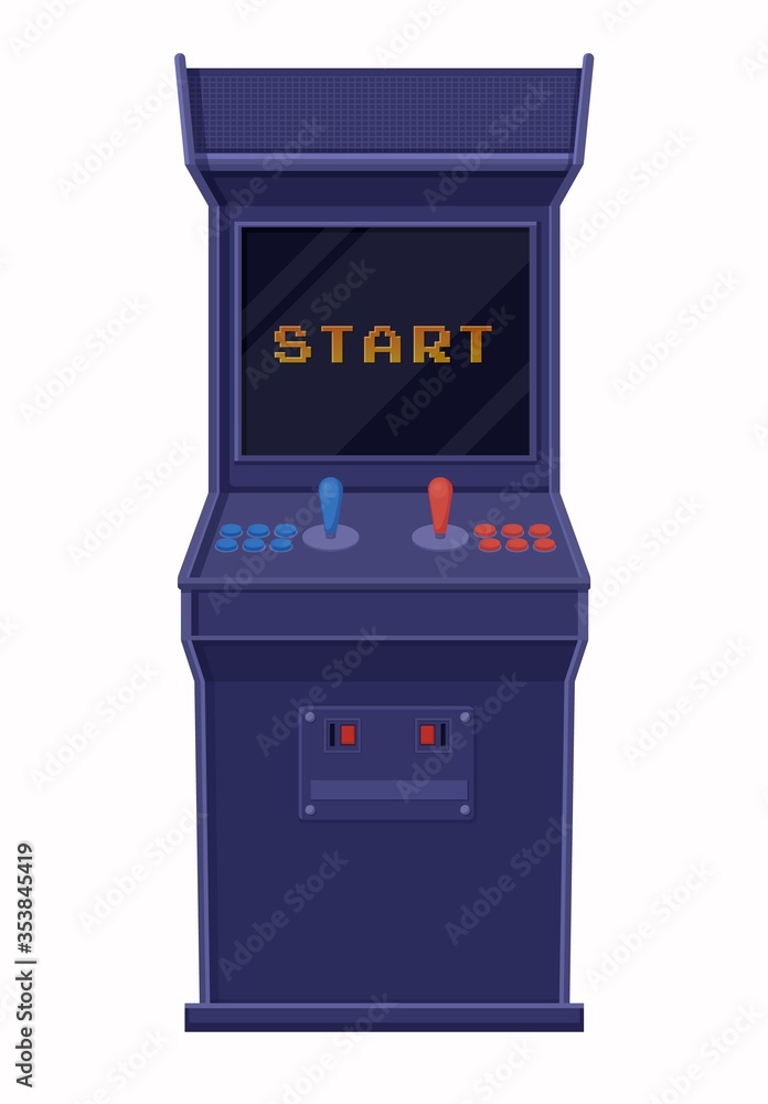 Poster arcade game machine included. retro blue game console with black screen and inscription start with t