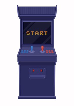 Arcade game machine included. Retro blue game console with black screen and inscription start with two joysticks control buttons panel for tokens computer vector nostalgia for oldfags.