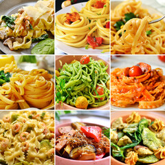 Italian Cuisine. Pasta Varieties of pasta and dishes. Food collage.
