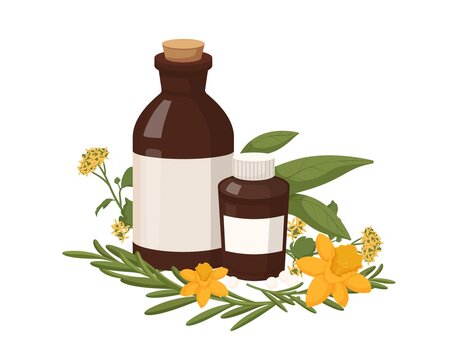 Homeopathy natural medicine. Healthy organic treatment two brown bottles with oil extracts herbs homeopathic natural flat healing from diseases power vector colored healing plants naturopathy.