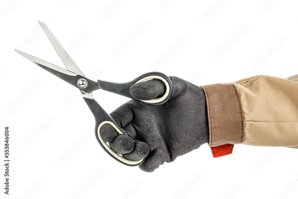 Wall mural Open scissors in worker hand in black protective glove and brown uniform isolated on white background