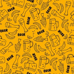 Cartoon hand drawn Beer fest seamless pattern. Black linear vector doodle on yellow background. Beer Mug, glass, Bavarian sausage, fish, Lettering. Oktoberfest festival.
