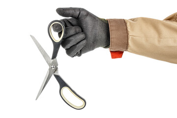 Worker hand in black protective glove and brown uniform holding open scissors on finger isolated on white background