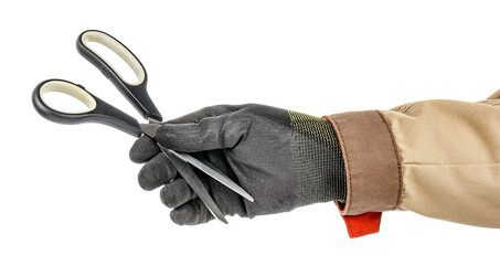 Male hand in black protective glove and brown uniform holding scissors with plastic handles isolated on white background