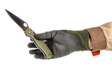 Male hand in black protective glove and brown uniform holding by fingers open pocket folding knife with dark green handle isolated on white background
