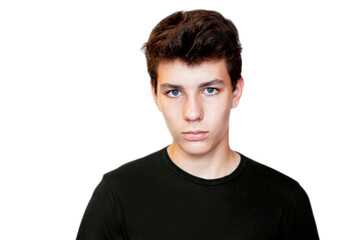Portrait of a sad teenage boy on a white background. The boy is in a bad mood because he quarreled with his parents