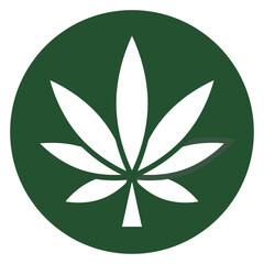 Cannabis leaf in green circle. Marijuana, hemp, sativa icon, logo, sign for packaging design of cosmetics, essential oils. Cannabis as herbal medicine. Vector illustration isolated on white.