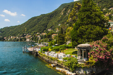 Fototapeta na wymiar View on a park situated at Lake Como Italy shot in July 2019