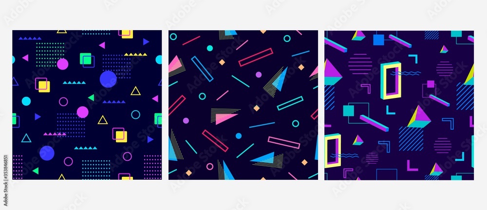 Aufkleber geometric memphis trendy 3d background seamless pattern set. pattern abstract modern blue pyramid sq
