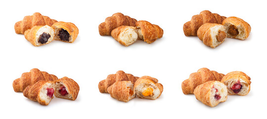 Collection of croissant cakes, croissant with vanilla filling, chocolate, cherry, strawberry, apricot, croissant with condensed milk. Croissants on white isolated background. 