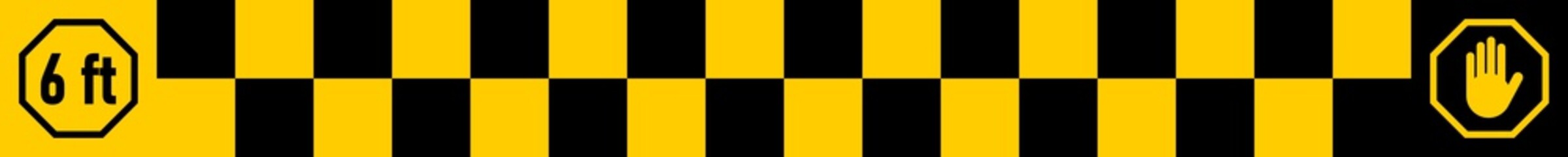 Fototapeta premium Checkered Social Distancing Floor Marking Tape Keep Your Distance 6 ft or 6 Feet Sticker Icon with an Aspect Ratio of 10:1. Vector Image.