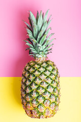  Ripe fresh pineapple on a pink and yellow background. summer concept. top view, minimalism