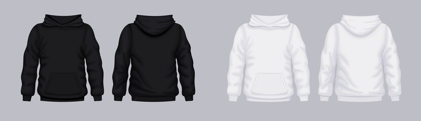 White black hoodie front back mockup. Fashionable template sweatshirt casual clothes with hood cotton vector textile unisex set for sports walking.