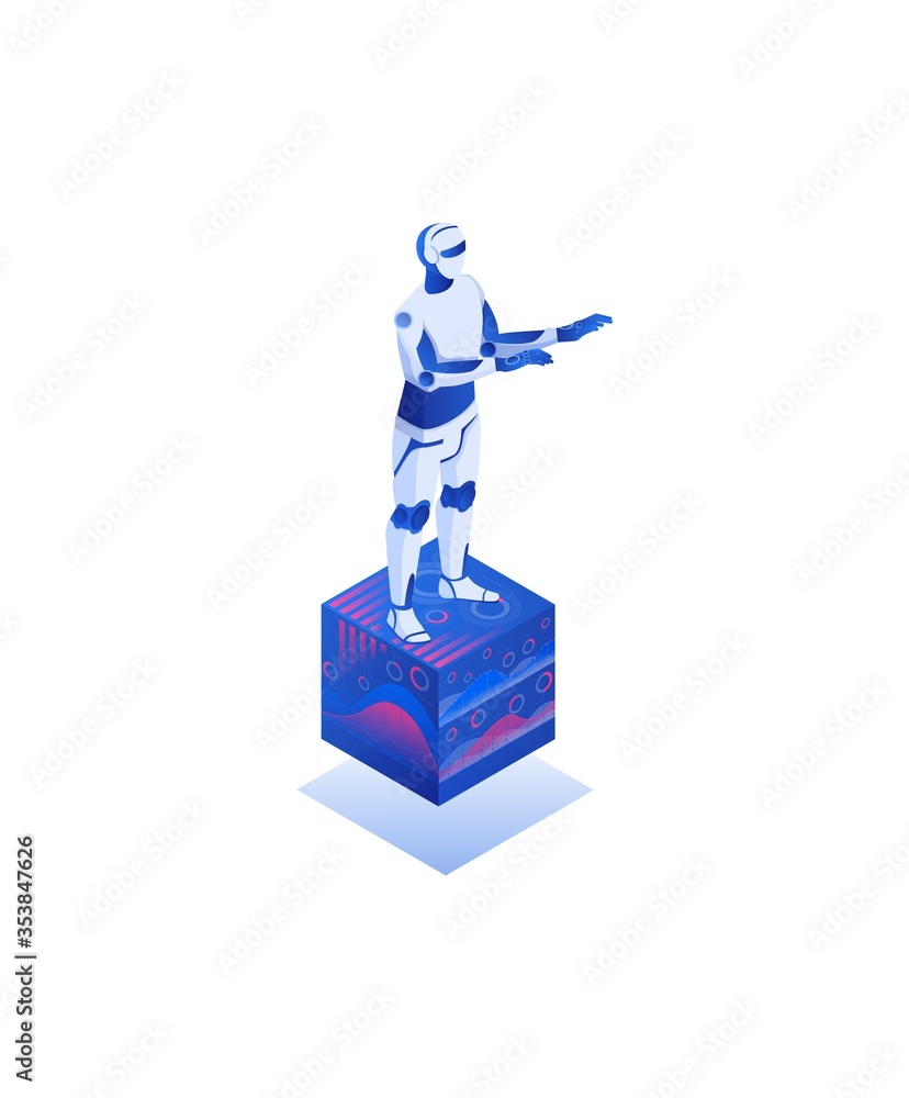 Poster artificial intelligence robot infographic analytics isometric concept.. reach global information ana