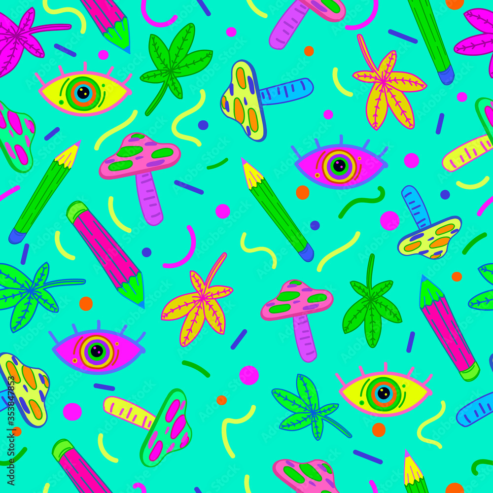 Poster psychedelic background pattern. seamless hallucinogenic pattern with colorful eyes mushrooms pencils
