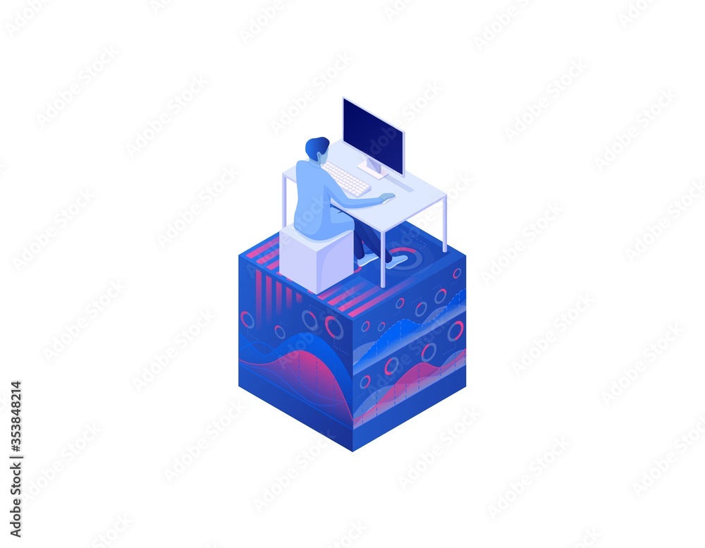 Poster big analytics data concept isometric. reach global information analysis, seo date wave chart managem