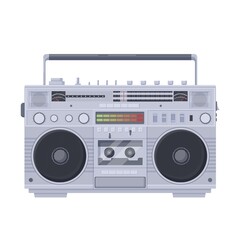 Fototapeta na wymiar Retro boombox cassette. Old portable single cassette recorder sharpe with color vector equalizer built radio two speakers knob tuning bass sound recording playing music symbol of old school 80s.