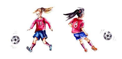 hand-drawn watercolor illustration. characters, girls in football uniforms from the same team play football, train with a ball. isolated