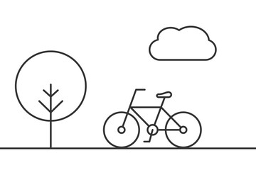 Bicycle in park with tree and cloud. Cute bike line icon. Outdoor activity concept. Fitness in nature. UI, UX design elements. Black outline on white background. Vector illustration, flat, clip art.  